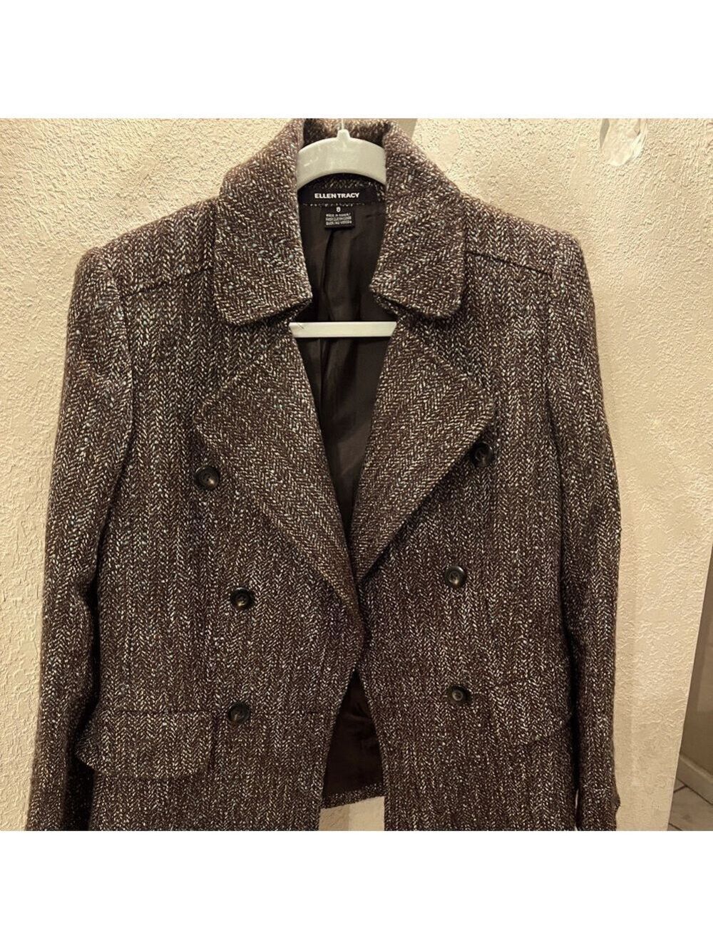Ellen Tracy brown and blue  Pea Coat with Herringbone Pattern